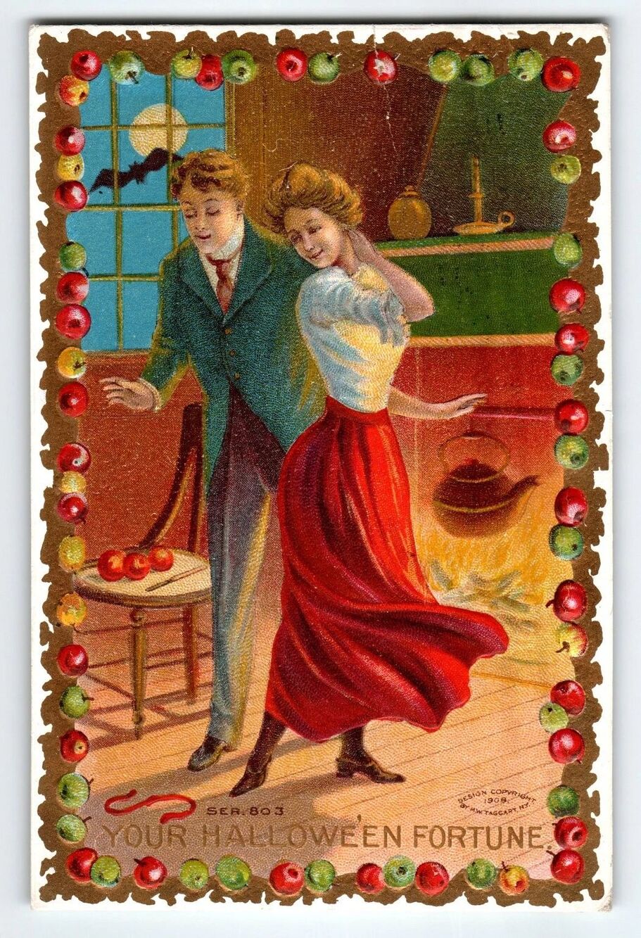 1909 Halloween Vintage Lithograph Postcard Dancing Couple Moon Bat Embossed